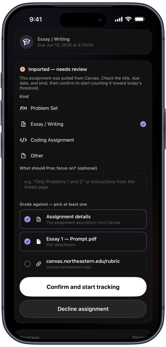 Proc's Canvas screen with synced courses and assignments