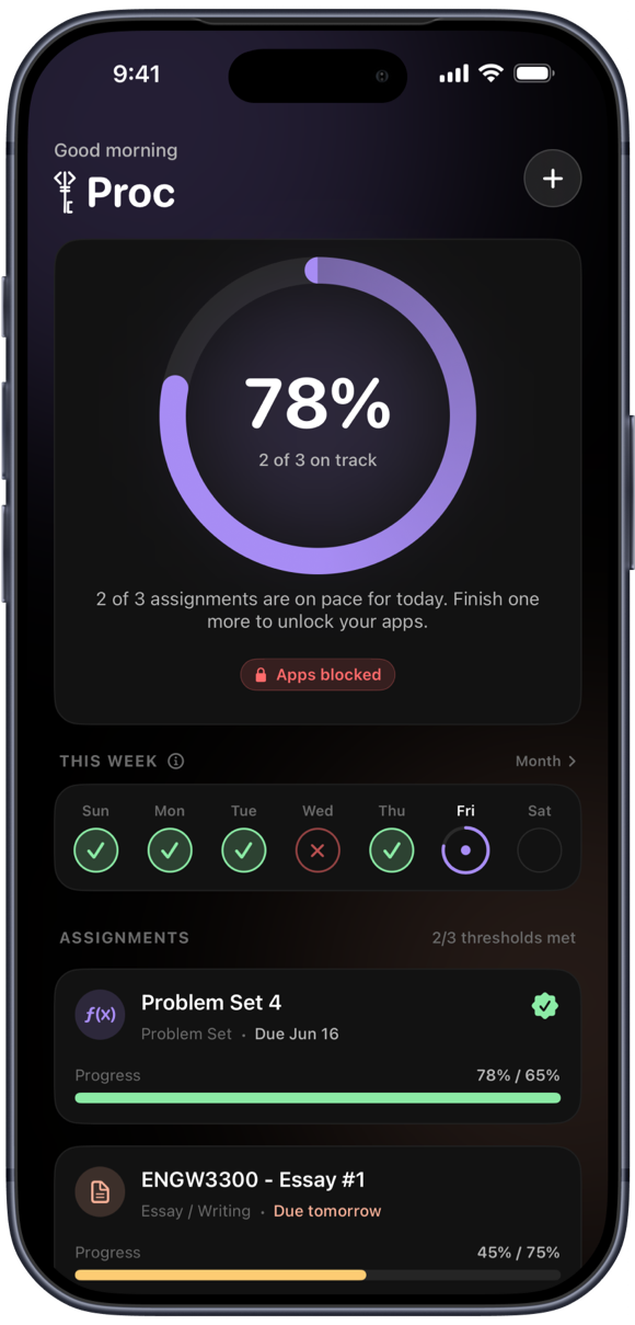 Proc's home screen showing today's progress ring and assignments